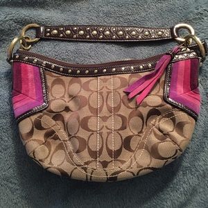 Coach signature studded leather brown pink hobo.
